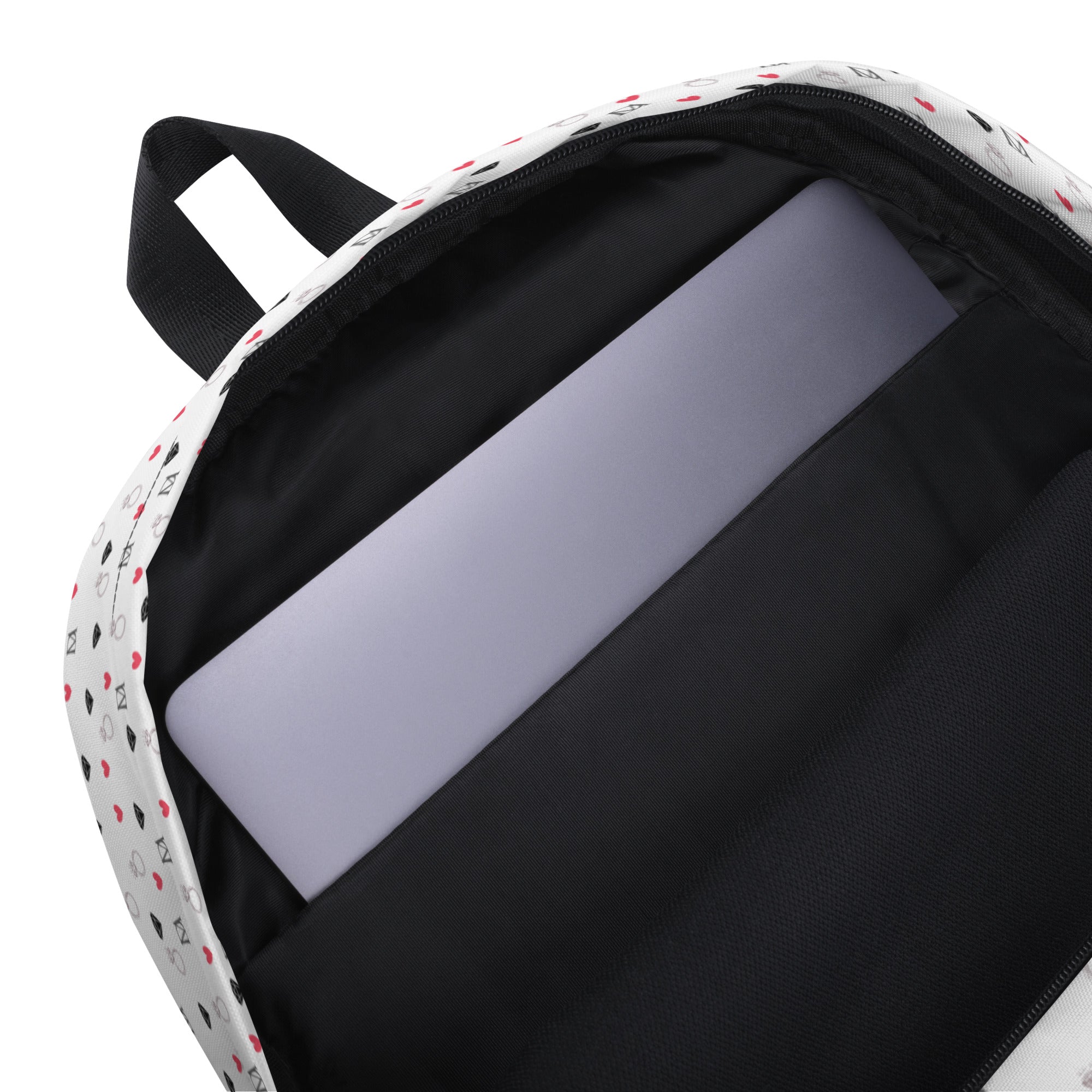 White Daemon Luxury Speckled Diamonds Artica Blizzard backpack with all-over-print design and adjustable shoulder straps.