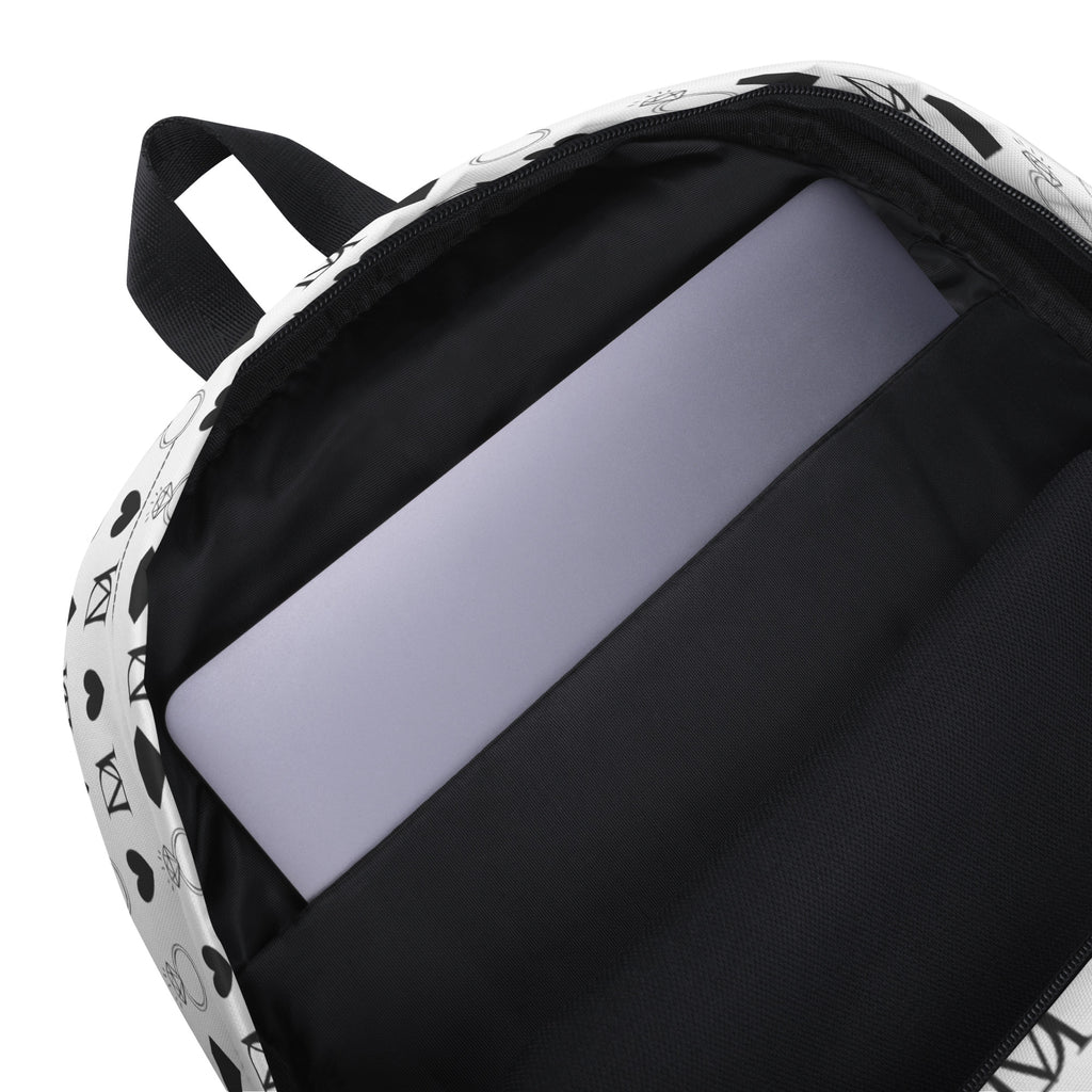 Daemon Luxury Dim Diamonds Artica Blizzard backpack with all-over white diamond pattern, featuring durable fabric and adjustable straps.