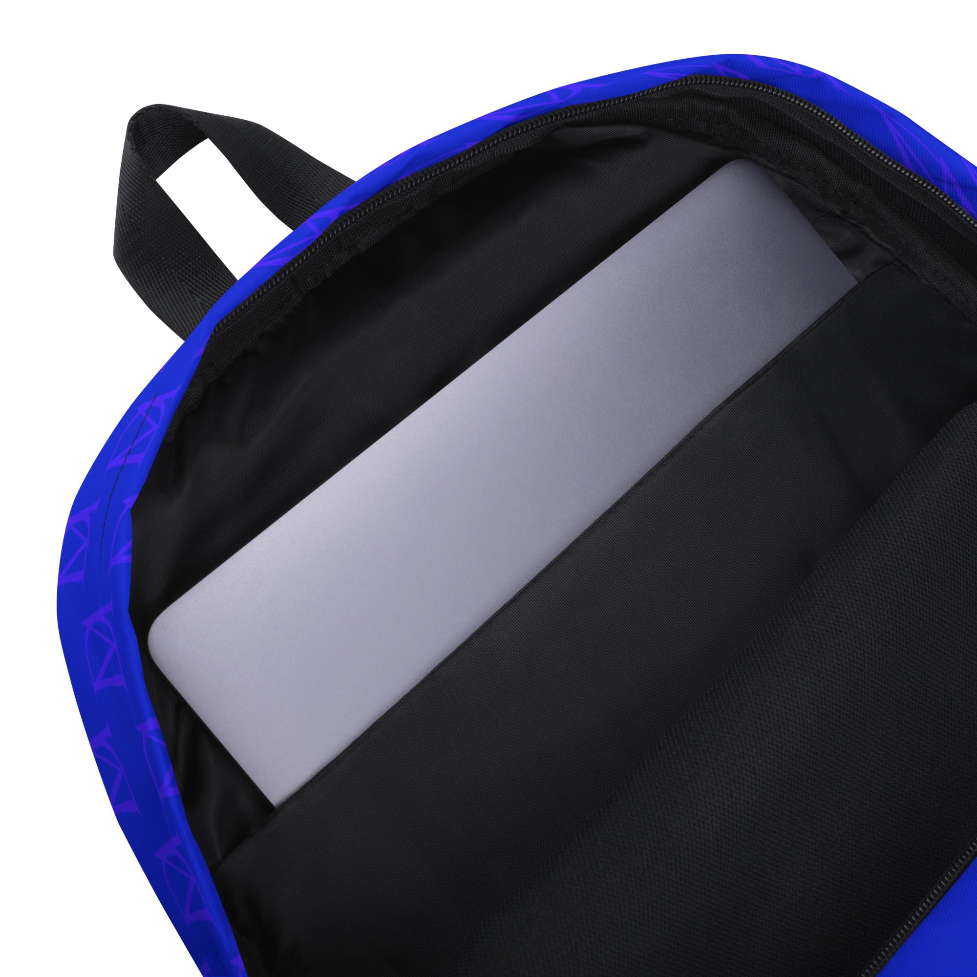 Daemon Luxury ELECTRICA all-over-print white backpack featuring bold electric blue and indigo design on durable fabric.