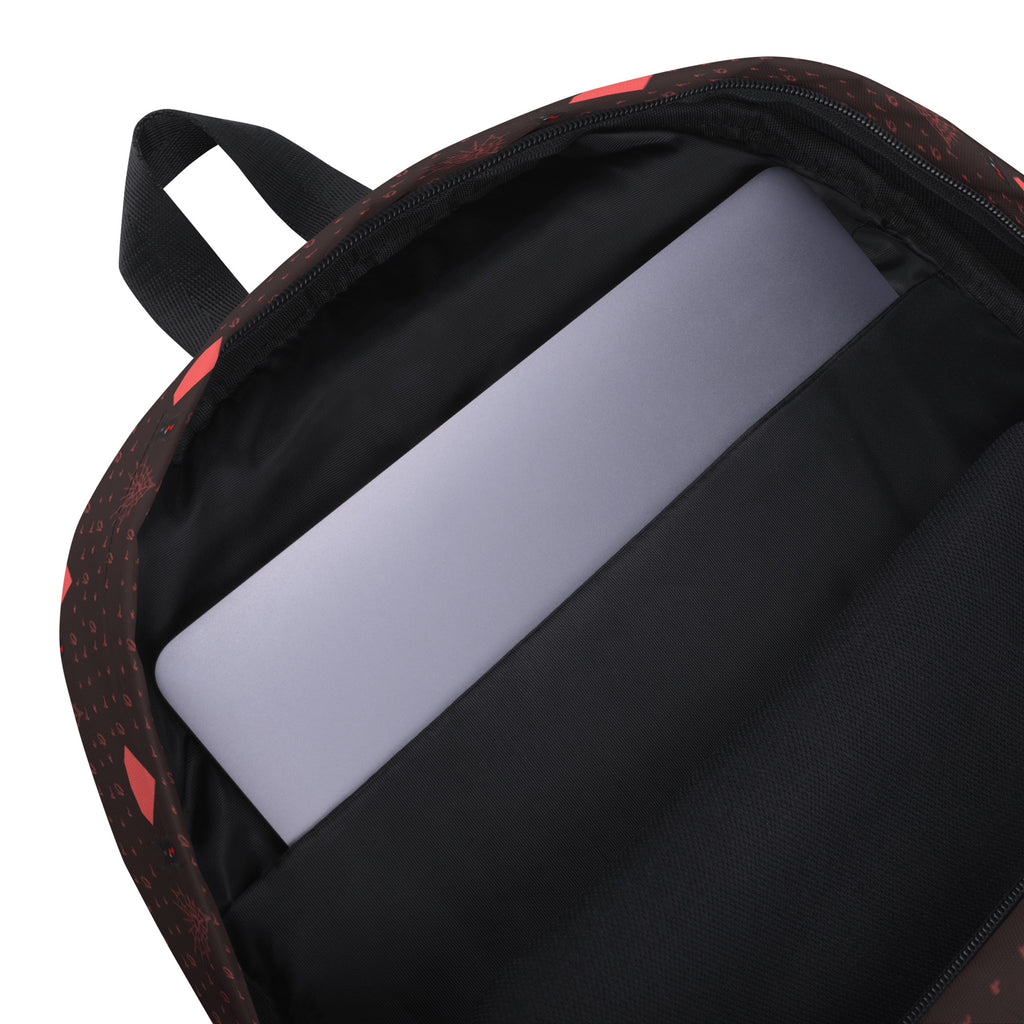 Daemon Luxury Supreme Models WEBBI DAIMIN all-over-print backpack in white featuring detailed design and spacious compartments.