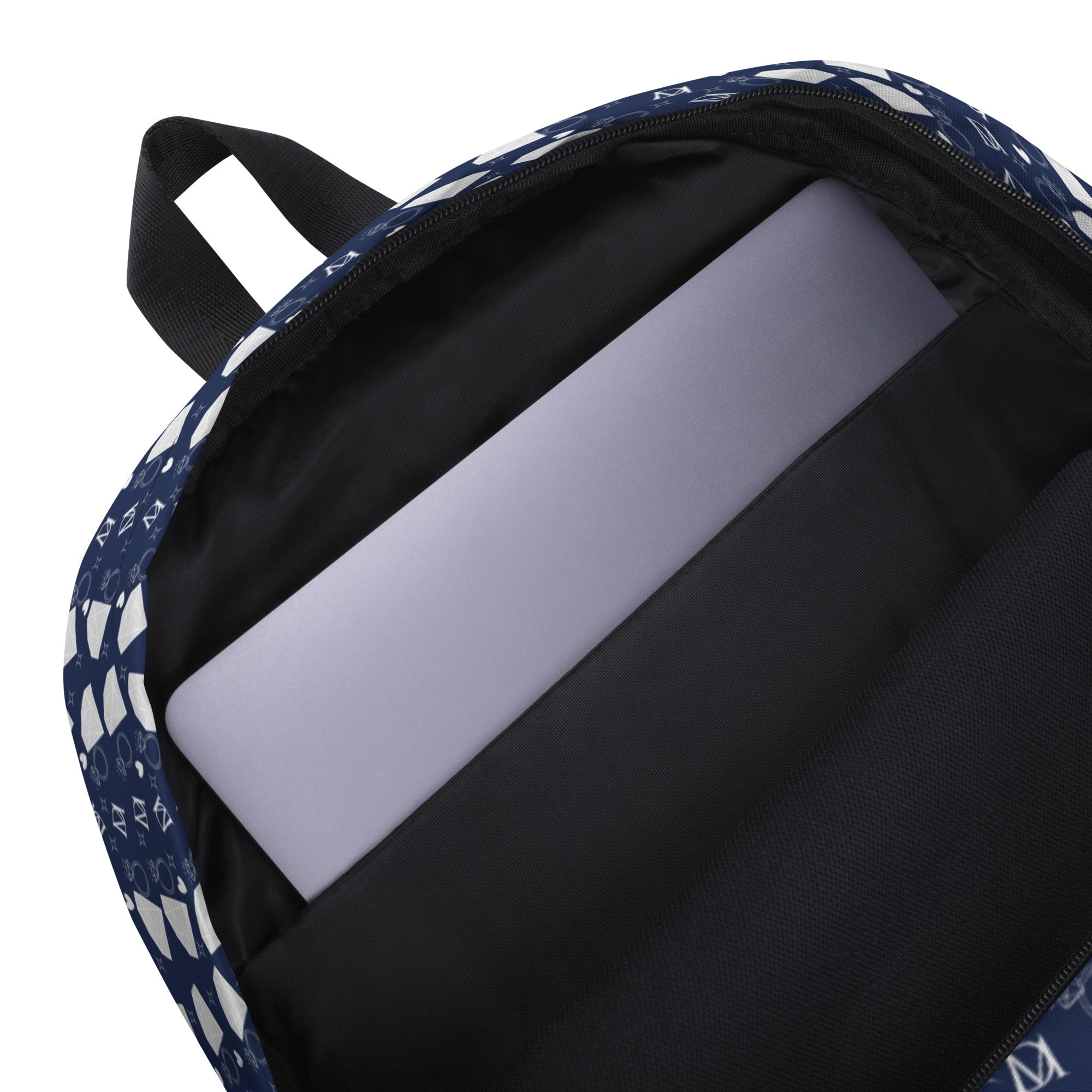 Daemon Luxury Frosted Diamonds Rings of Transition all-over-print backpack in white fabric showing detailed design and branding.