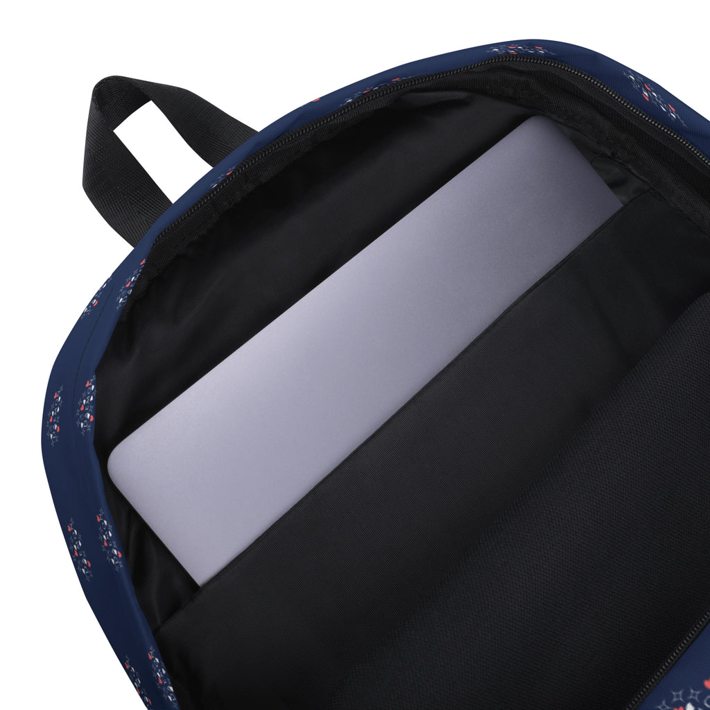 Daemon Luxury Stars of Sesta (Gloomy Runners) backpack with all-over white print, featuring vibrant star and runner designs.