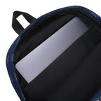 Daemon Luxury Stars of Sesta (Gloomy Runners) backpack with all-over white print, featuring vibrant star and runner designs.