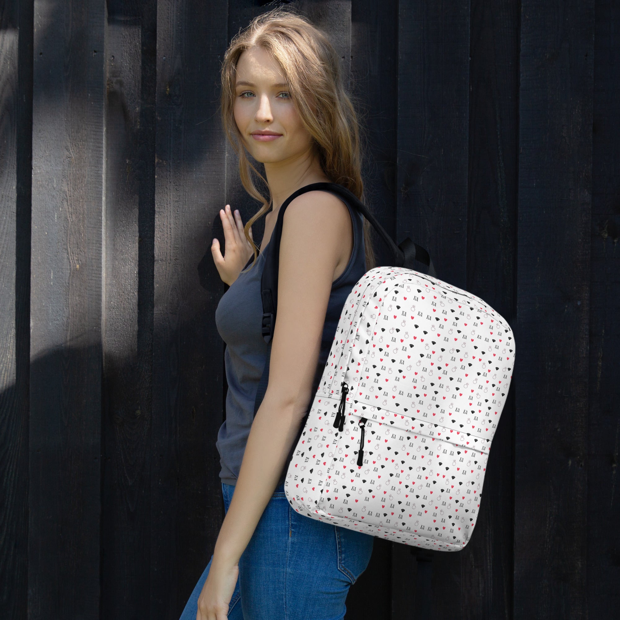 Daemon Luxury Speckled Diamonds Artica Blizzard all-over-print backpack in white, showcasing a stylish geometric pattern.