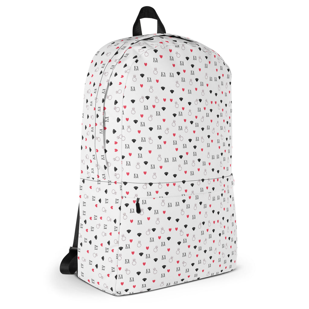 All-over-print Daemon Luxury Speckled Diamonds (Artica Blizzard) backpack with white background and colorful speckled diamond pattern.