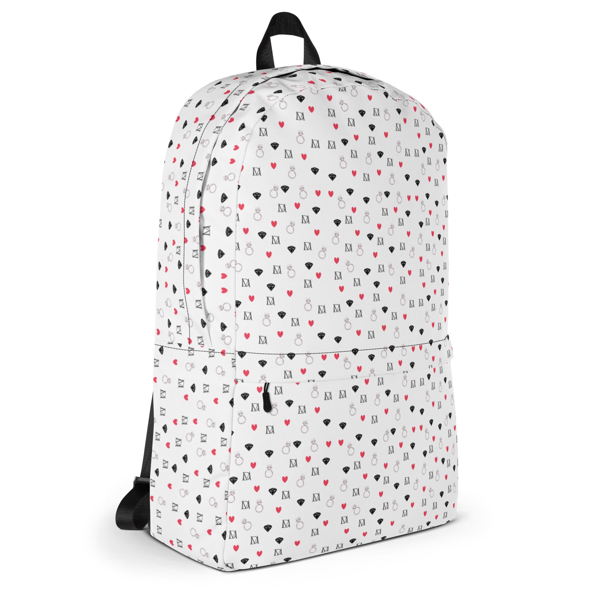 All-over-print Daemon Luxury Speckled Diamonds (Artica Blizzard) backpack with white background and colorful speckled diamond pattern.
