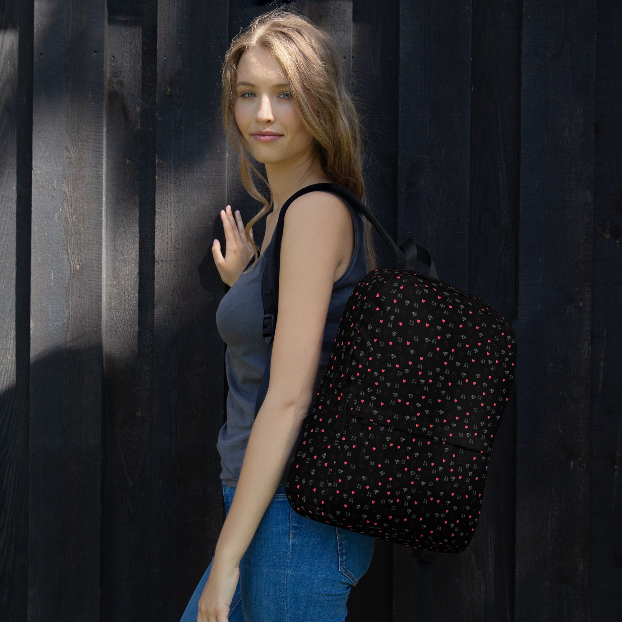 White Daemon Luxury Speckled Diamonds Zaino backpack with all-over print and modern design, shown from the right side.