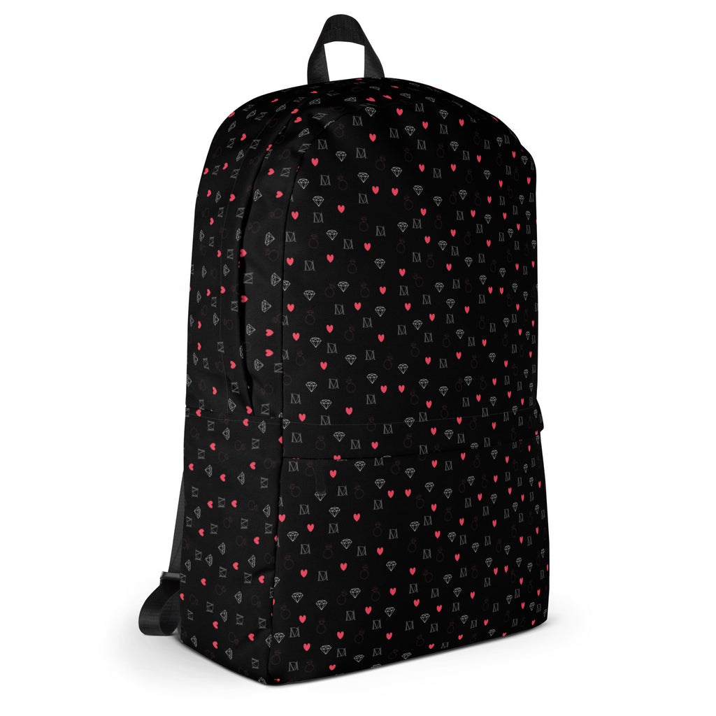 Daemon Luxury Speckled Diamonds NEMESIS backpack with all-over white print and modern design, shown from the right side.