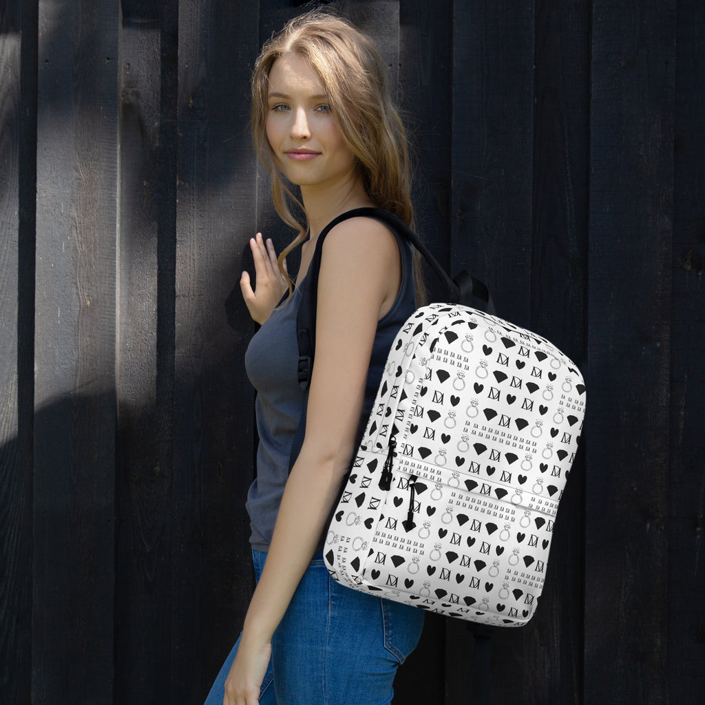 Daemon Luxury Dim Diamonds Artica Blizzard backpack with all-over white print, featuring a stylish and modern design.