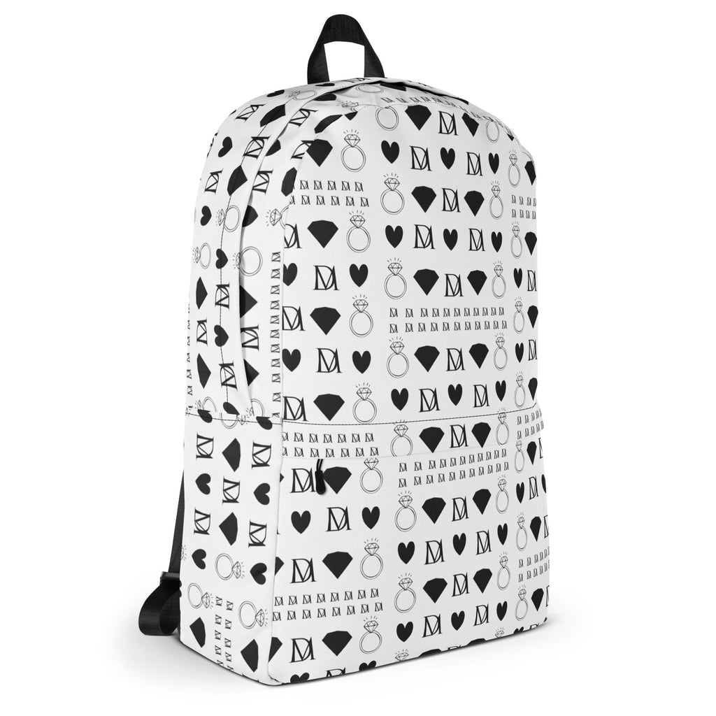 All-over-print backpack featuring white Dim Diamonds (Artica Blizzard) design by Daemon Luxury, showing the back view of the Zaino bag.