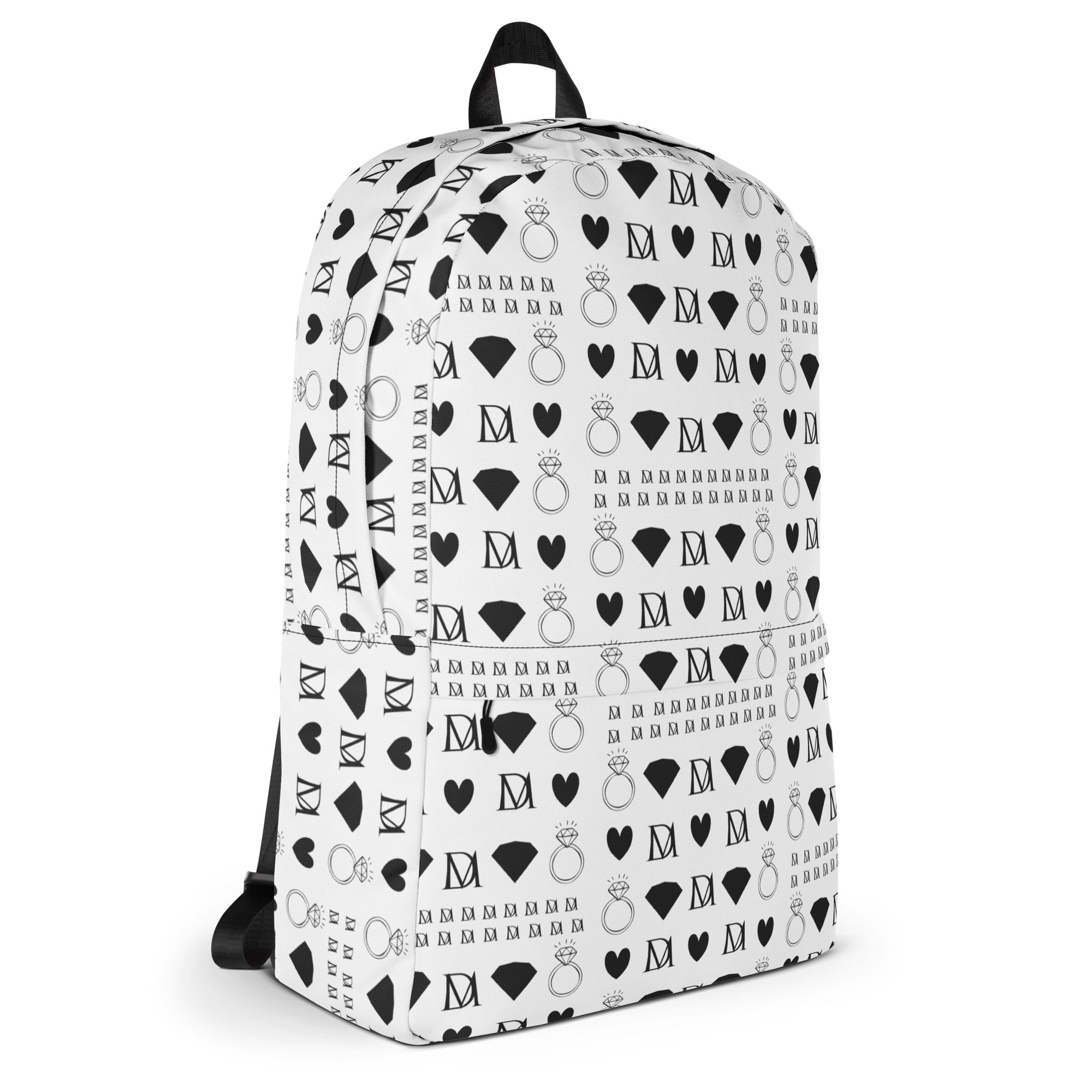 All-over-print backpack featuring white Dim Diamonds (Artica Blizzard) design by Daemon Luxury, showing the back view of the Zaino bag.