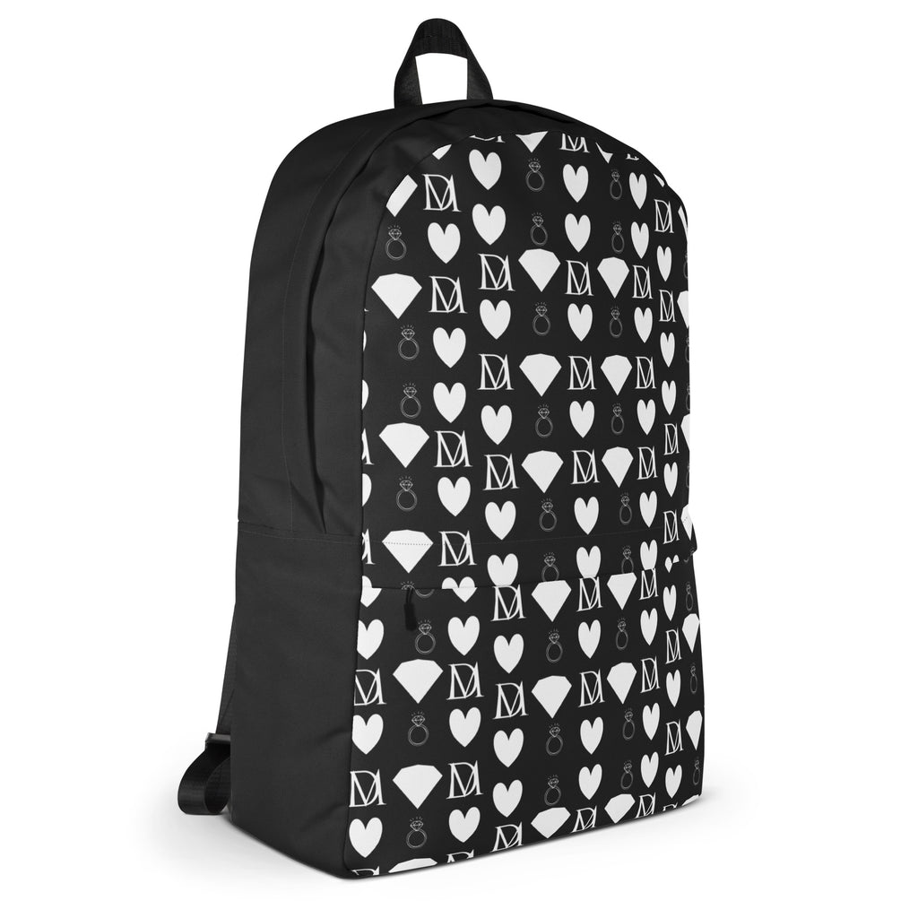 Frosted Diamonds all-over-print backpack by Daemon Luxury, white design with diamond pattern, showcasing front view.