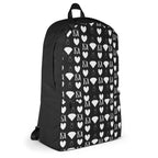 Frosted Diamonds all-over-print backpack by Daemon Luxury, white design with diamond pattern, showcasing front view.