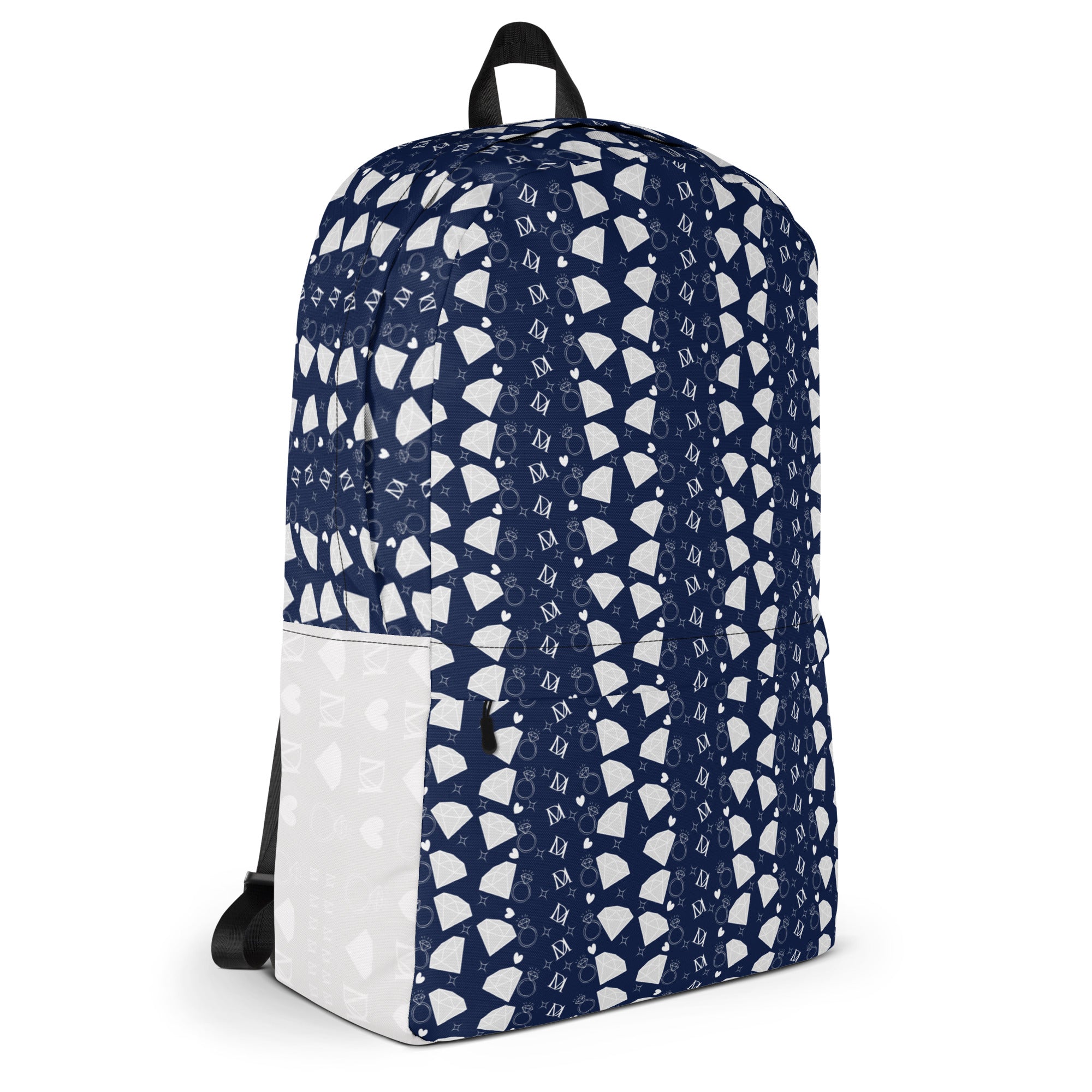 Daemon Luxury Rings of Transition Frosted Diamonds all-over-print backpack in white, showcasing detailed design on the back.