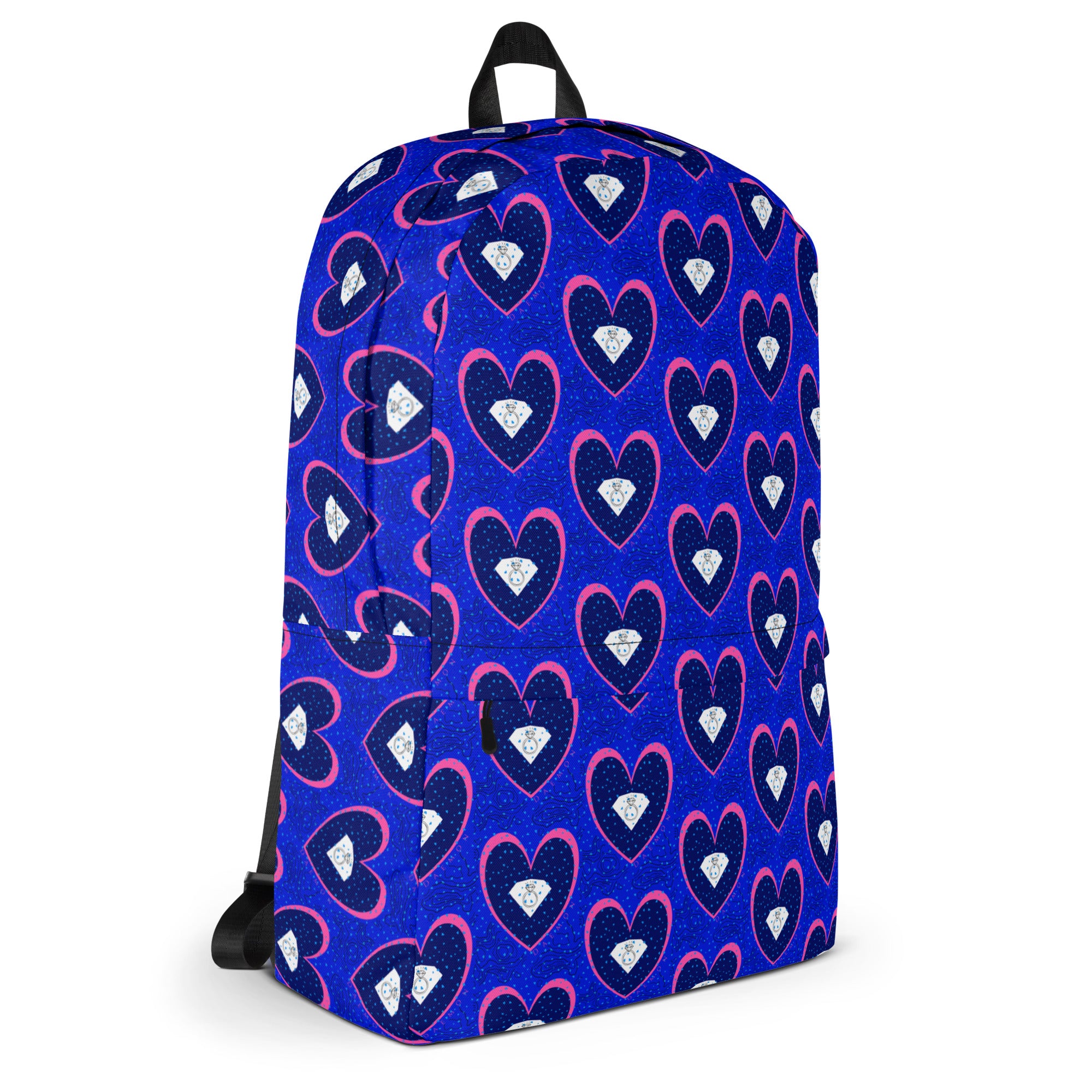 Daemon Luxury ELECTRICA Foreigner's Gem all-over-print backpack with white background, detailed design on the back.
