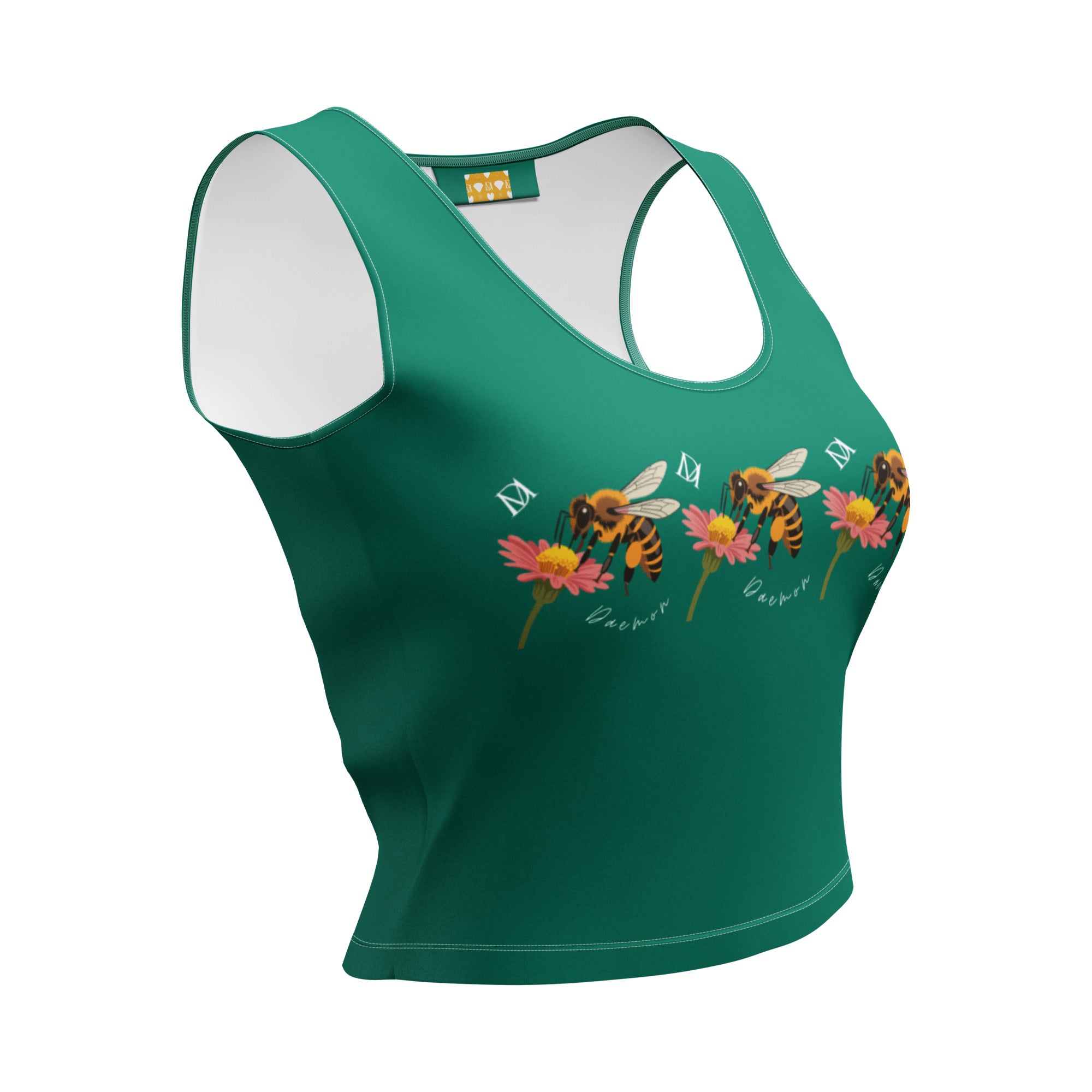 Daemon Luxury Honeybee California crop top with all-over white print, featuring a stylish and vibrant garden-inspired design.