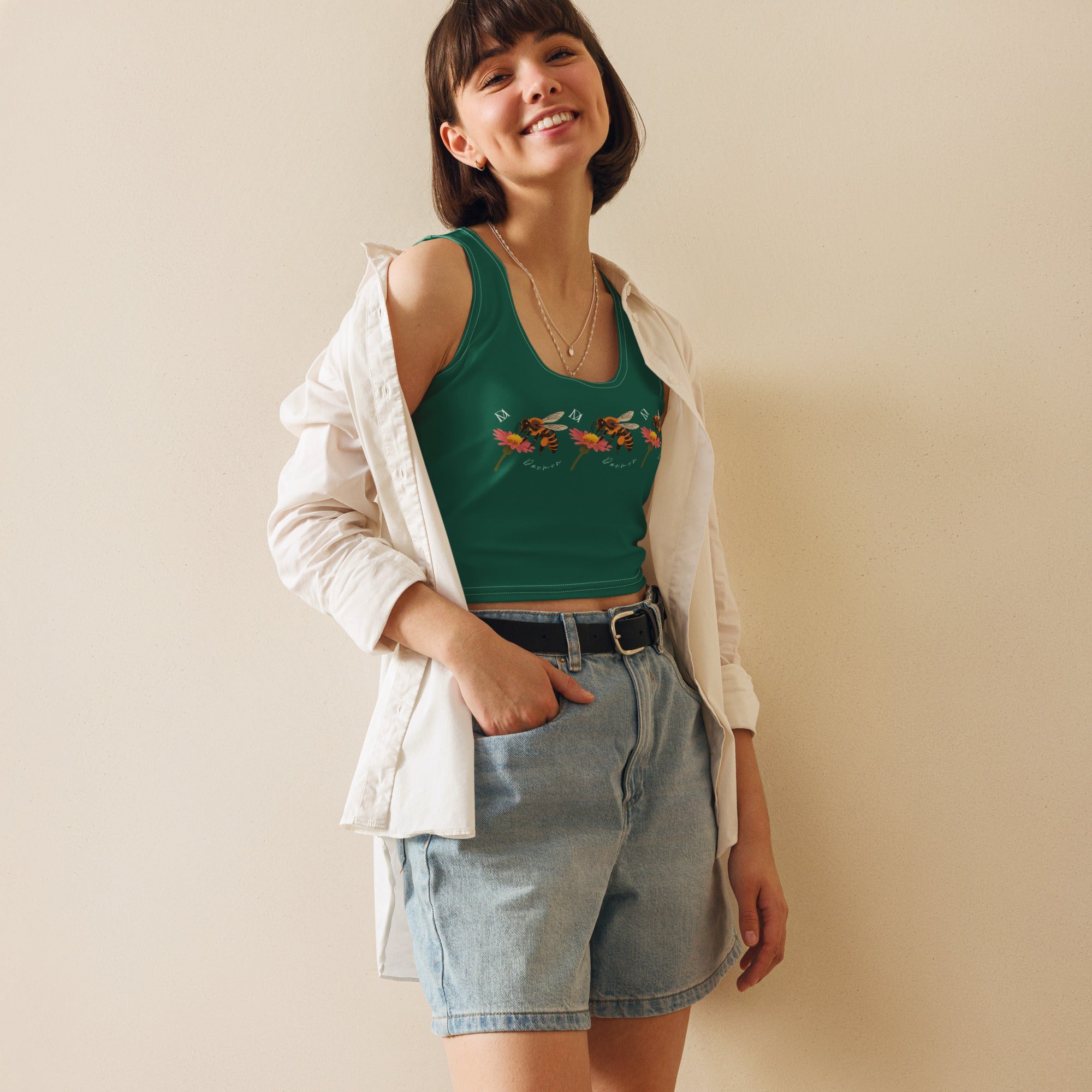 Daemon Luxury Honeybee California crop top with white all-over print, stylish and lightweight women's canottiera.