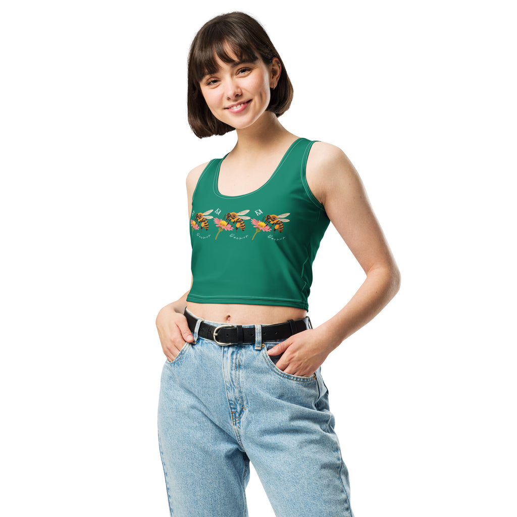 White Honeybee California crop top by Daemon Luxury featuring an all-over bee and garden print.