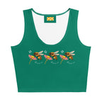 Daemon Luxury Honeybee California all-over-print crop top in white, featuring vibrant bee and garden design on front.