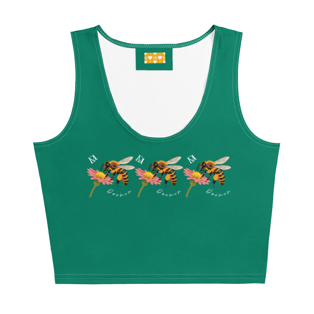 Daemon Luxury Honeybee California all-over-print crop top in white, featuring vibrant bee and garden design on front.