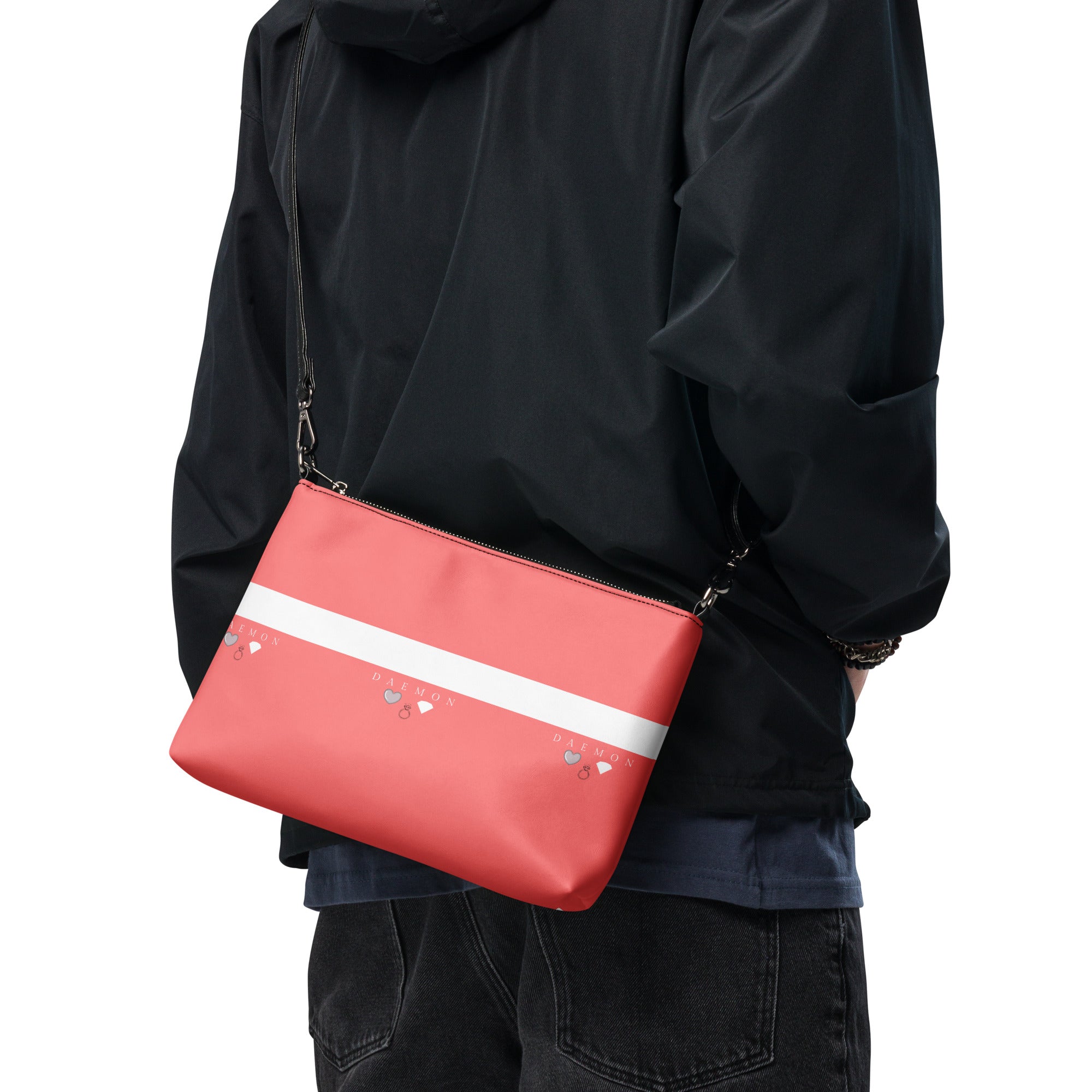 Daemon Luxury SACHI BANS White Label crossbody bag with all-over black print, featuring a sleek design and adjustable strap.