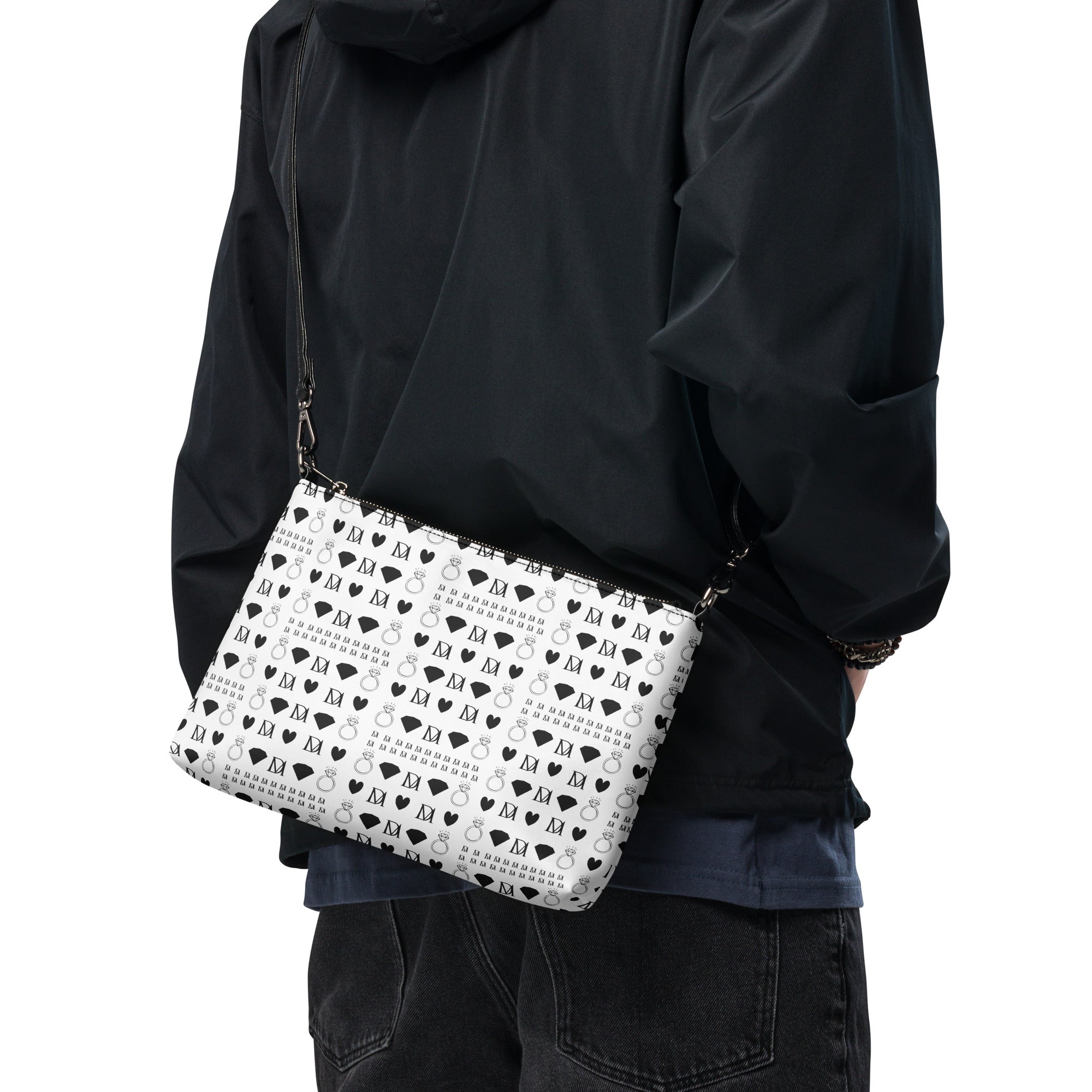 Daemon Luxury Dim Diamonds Artica Blizzard Borsone crossbody bag with all-over black and white diamond pattern, back view.