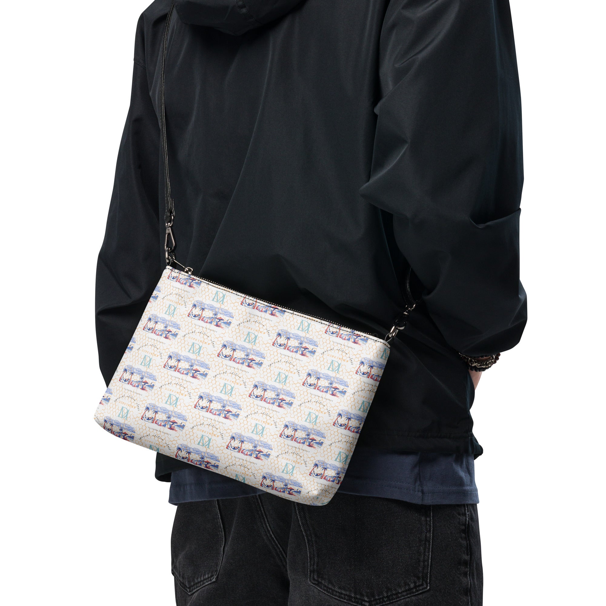 Daemon Luxury Honeybee Intel Forecast crossbody bag with all-over black print, featuring a stylish and functional design.