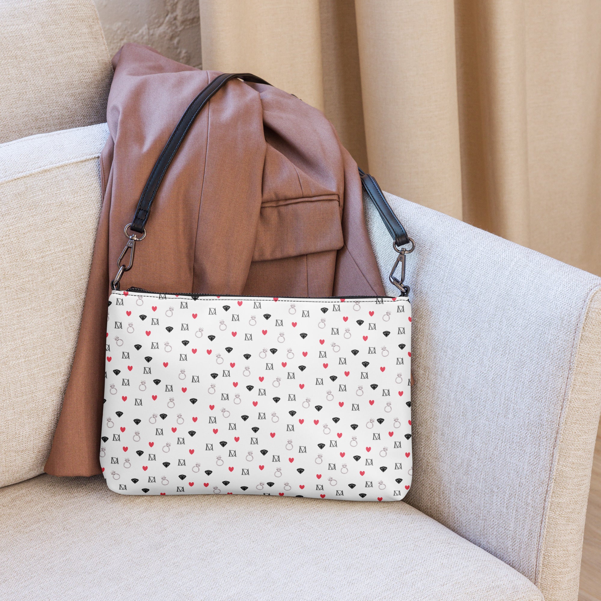Daemon Luxury Speckled Diamonds Artica Blizzard crossbody bag with black all-over print, featuring a stylish, textured design.
