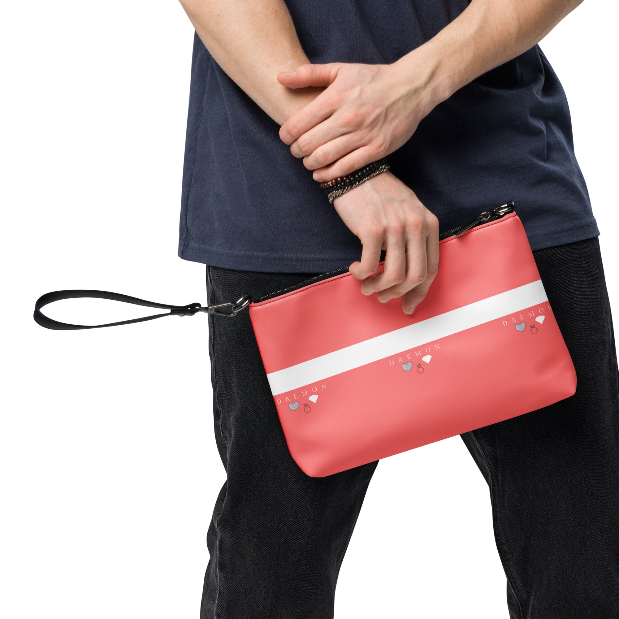 Daemon Luxury SACHI BANS white label crossbody bag featuring all-over black print and adjustable strap.