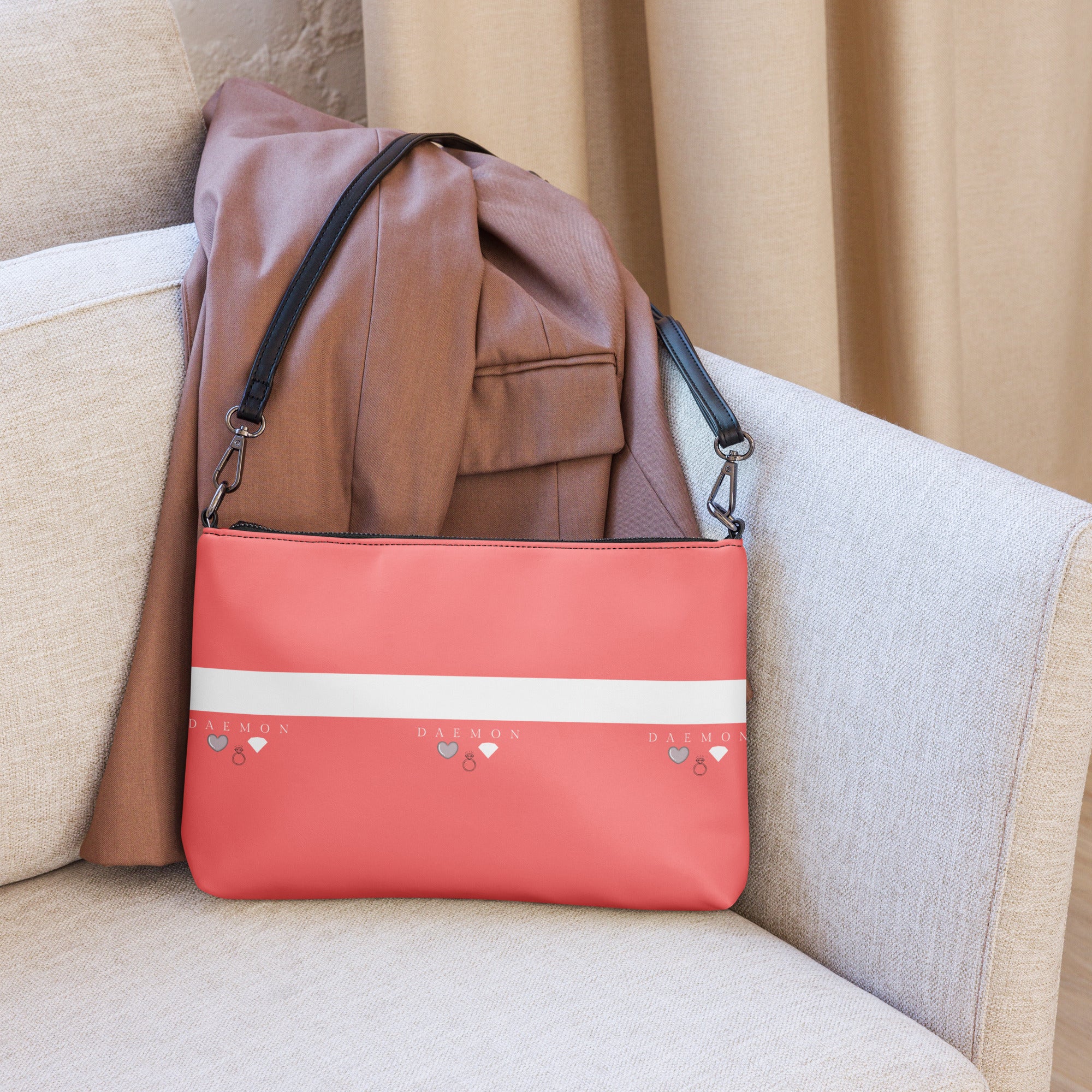Daemon Luxury SACHI BANS white label crossbody bag with black all-over print, featuring a sleek design and adjustable strap.