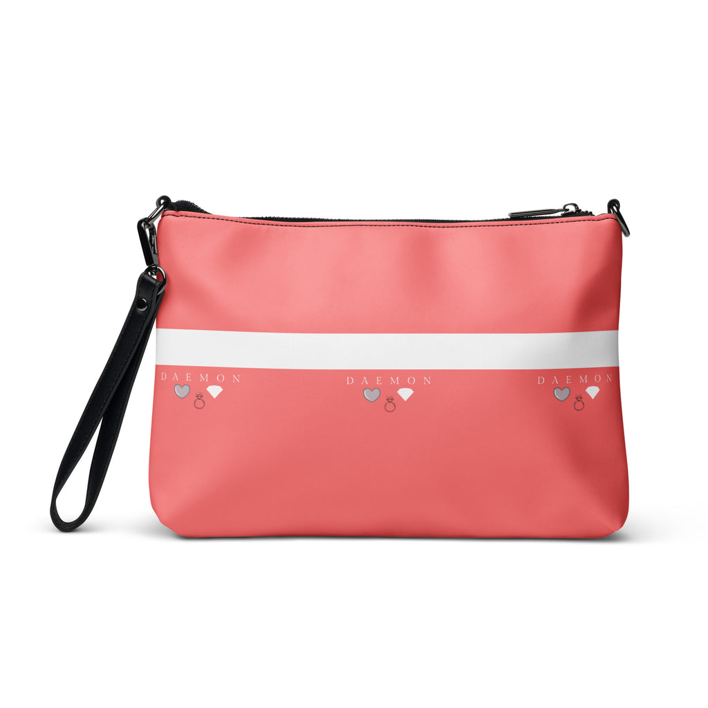 Daemon Luxury SACHI BANS white label crossbody bag with all-over black print, shown from the back view.
