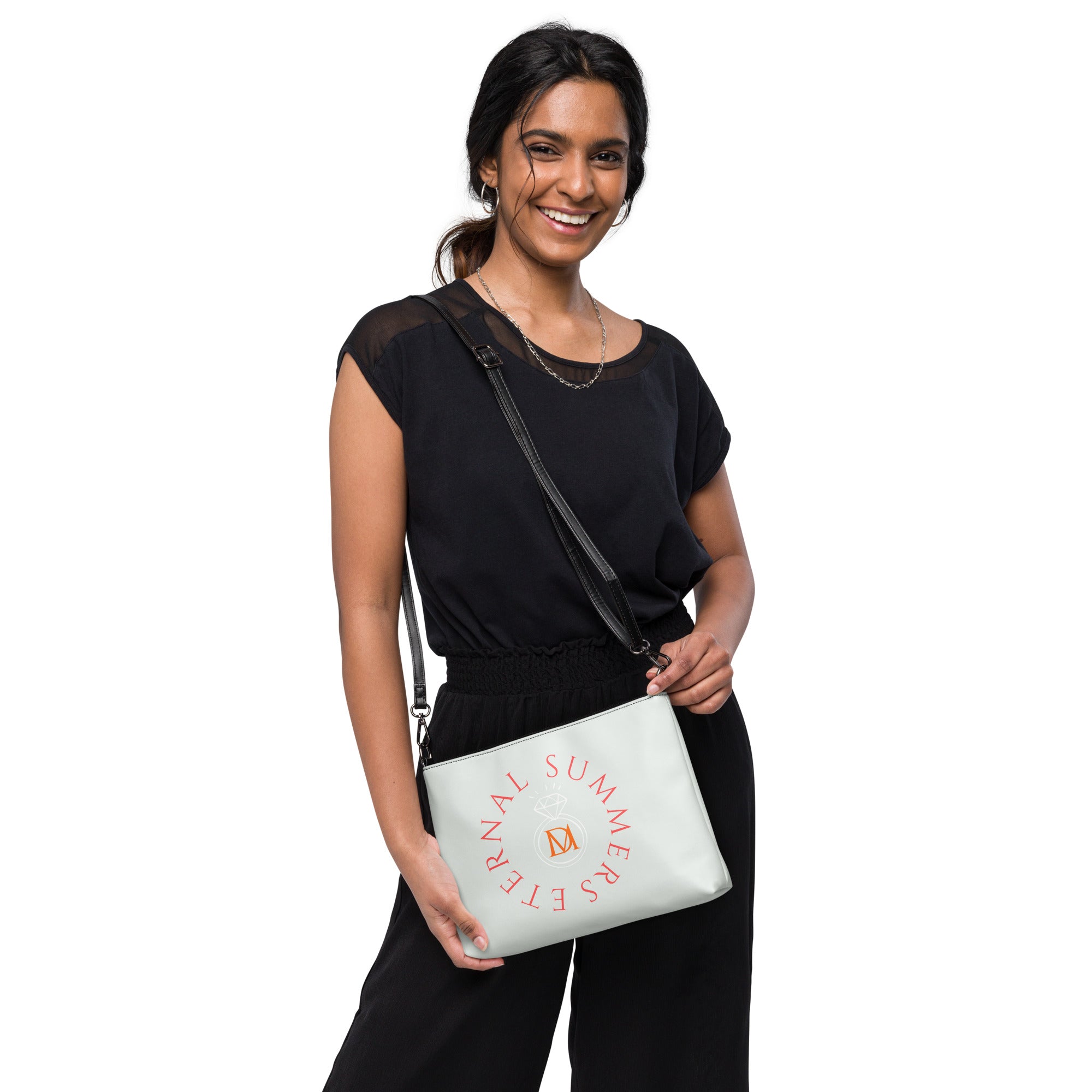 Darkroad for Eternity crossbody bag by Daemon Luxury featuring all-over black print and adjustable strap.