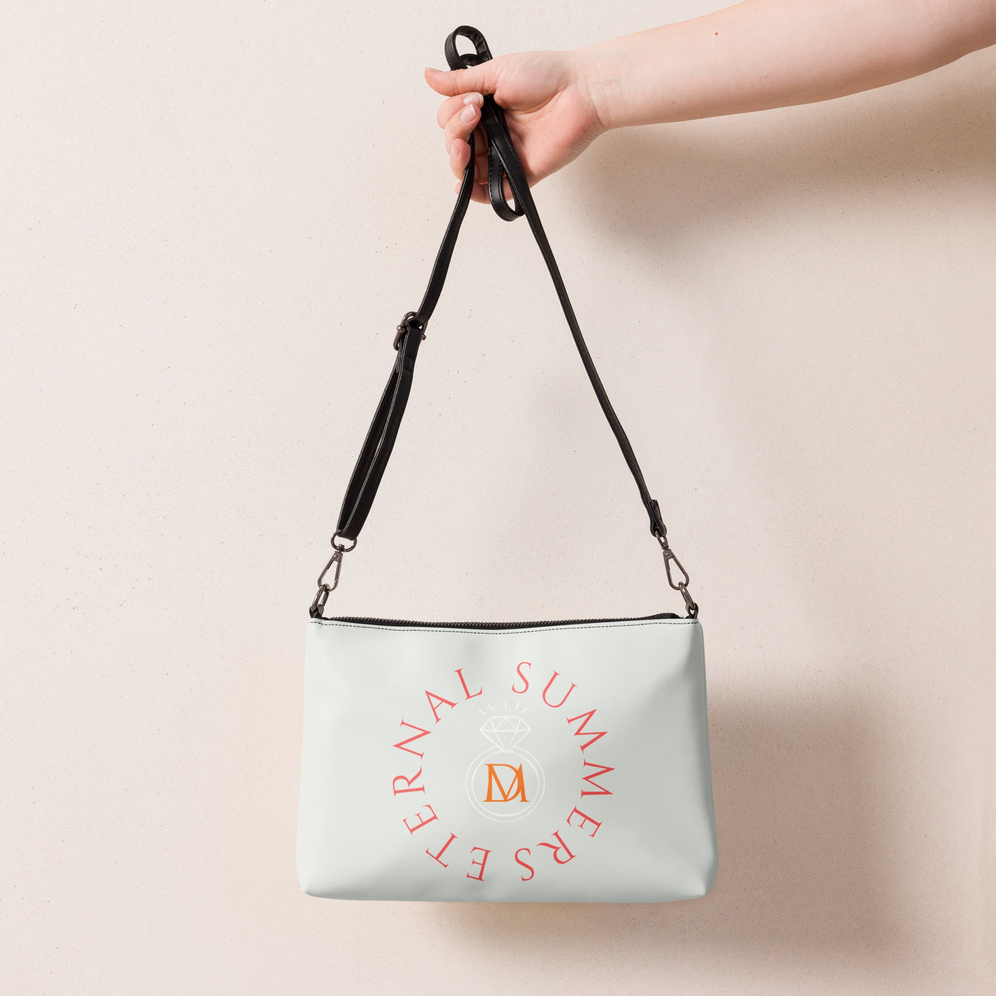 Black all-over print crossbody bag from Daemon Luxury's Metronome DARKROAD (For Eternity) collection with adjustable strap.