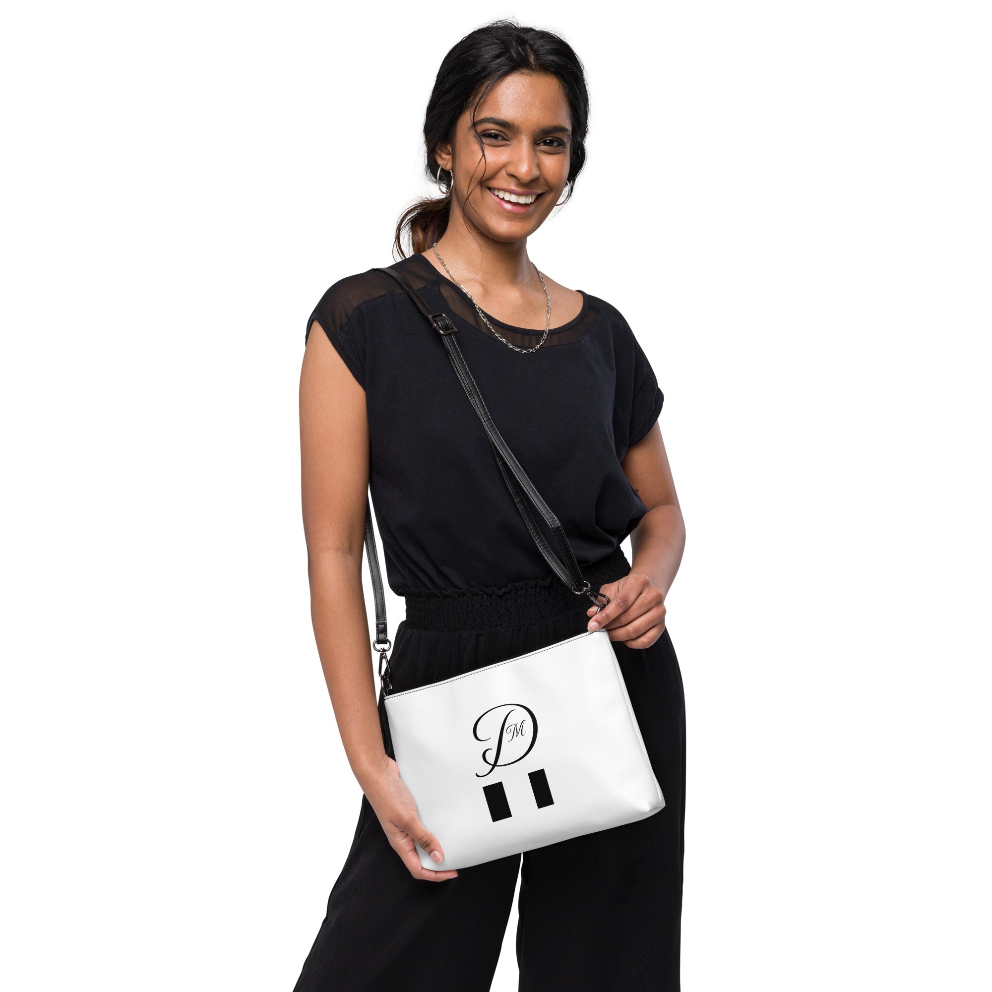 Daemon Luxury Metronome Paris More Love crossbody bag with all-over black print, featuring a stylish, compact design.