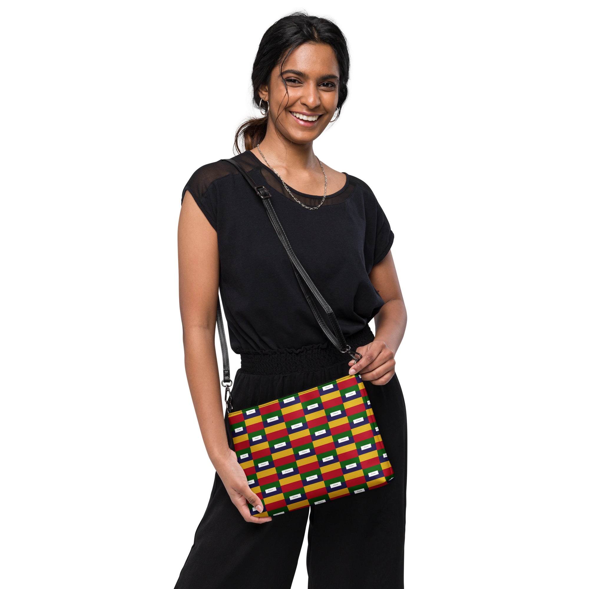 Black Laid Ruby Stones crossbody bag by Daemon Luxury with all-over print, featuring a compact design and adjustable strap.