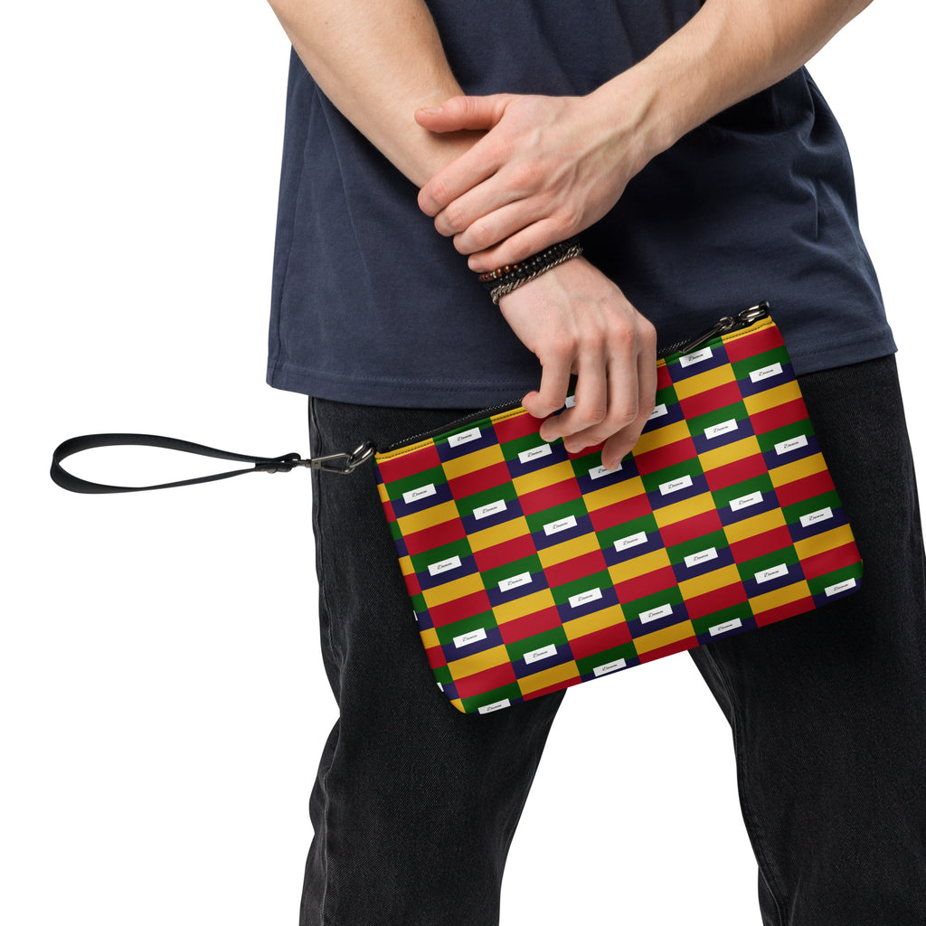 Black crossbody bag from Daemon Luxury's Laid Ruby Stones collection featuring all-over white label print and sleek design.