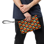 Black crossbody bag from Daemon Luxury's Laid Ruby Stones collection featuring all-over white label print and sleek design.