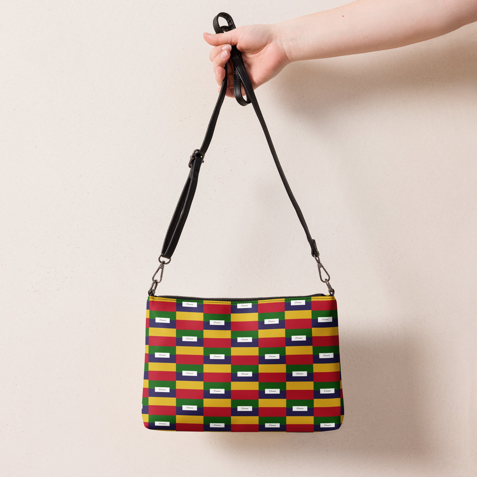Black Borsetta crossbody bag by Daemon Luxury featuring white ruby stones and all-over print design.