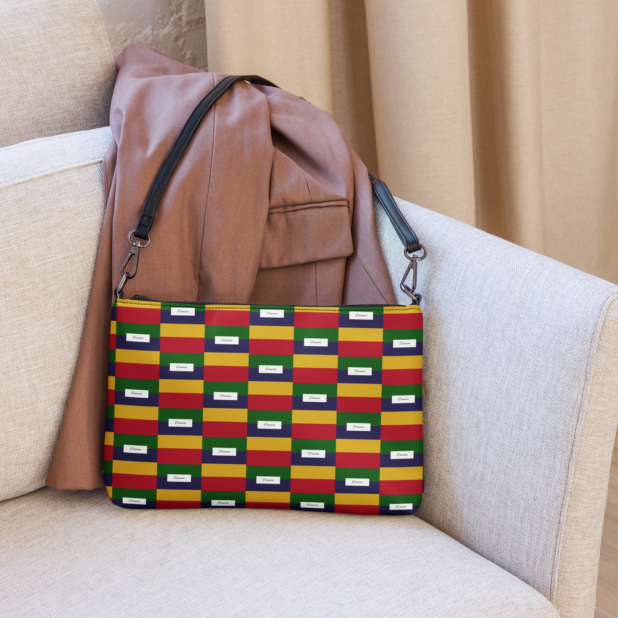 Black Borsetta Laid Ruby Stones crossbody bag by Daemon Luxury with all-over print and adjustable strap.