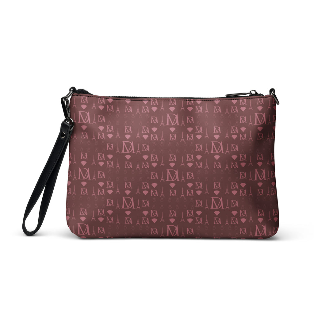 Black Borsetta crossbody bag with all-over Dim Horizon print by Daemon Luxury, showing the back view and adjustable strap.