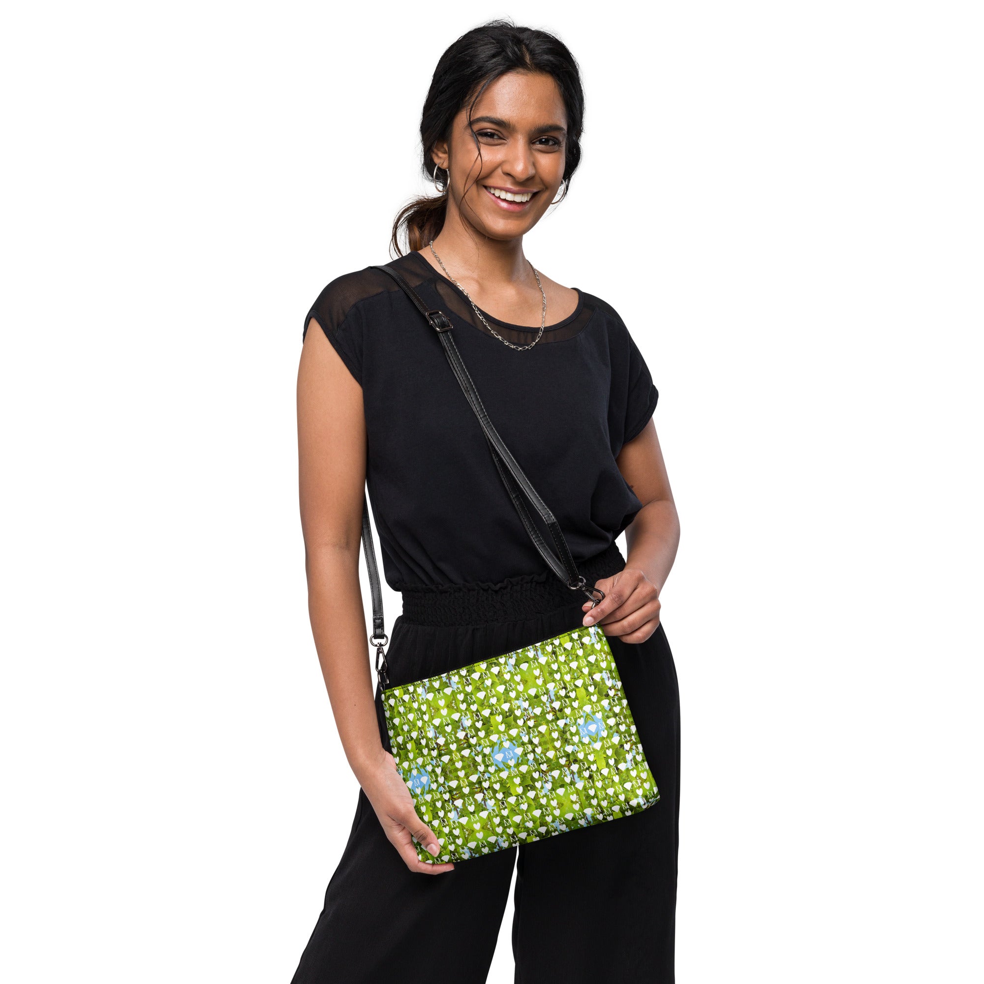 Daemon Luxury Belly Red’s Garden (Rebirth) Borsetta crossbody bag with all-over black floral print, showcasing elegant design and craftsmanship.