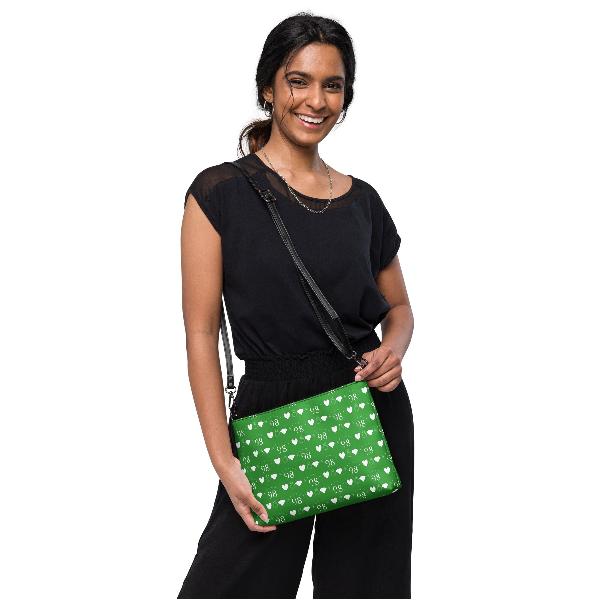 Daemon Luxury Belly Red’s Garden Enriched Bloom black crossbody bag with all-over floral print and adjustable strap.