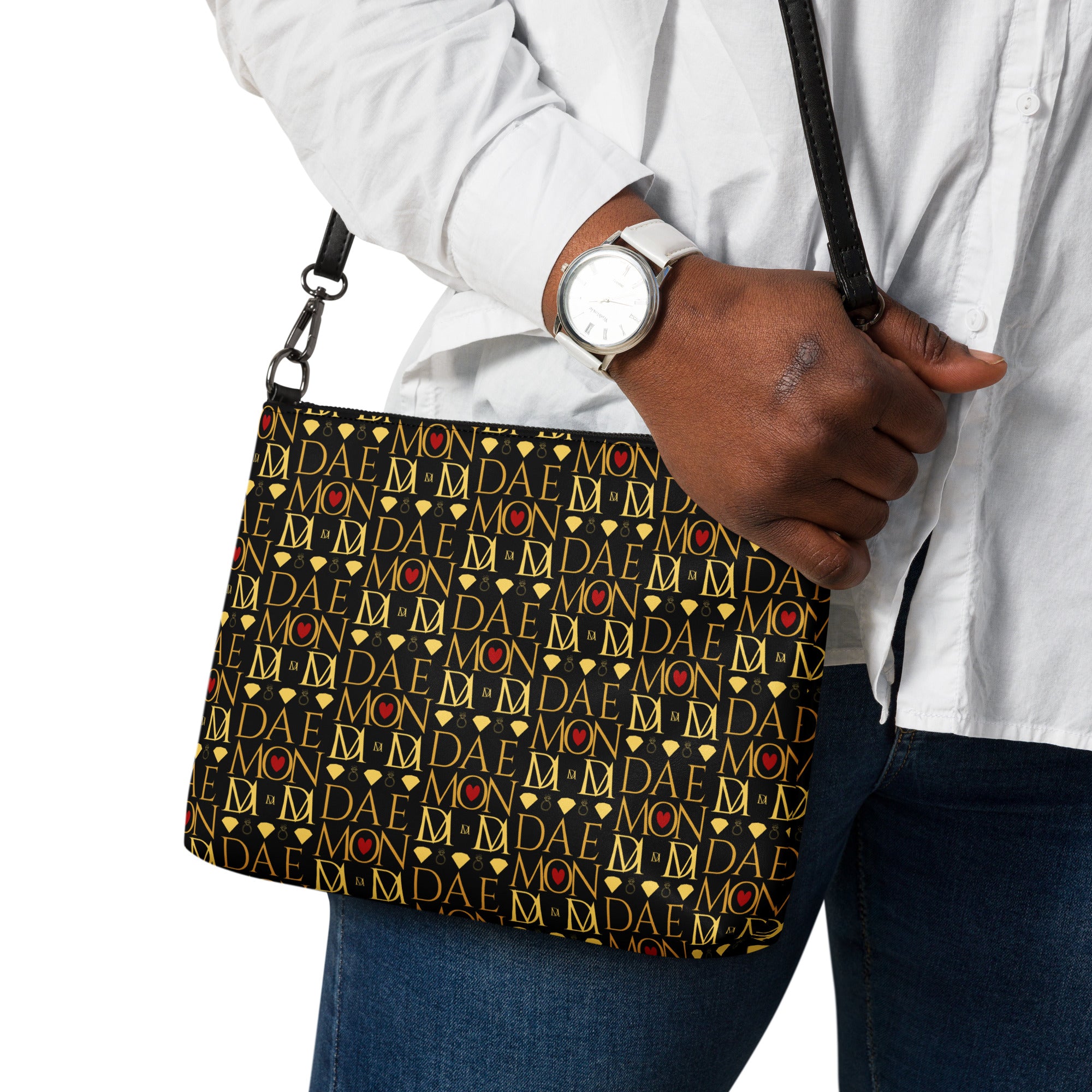 Daemon Luxury Sun Glow California Borsetta crossbody bag with all-over print in black, showing stylish design and adjustable strap.