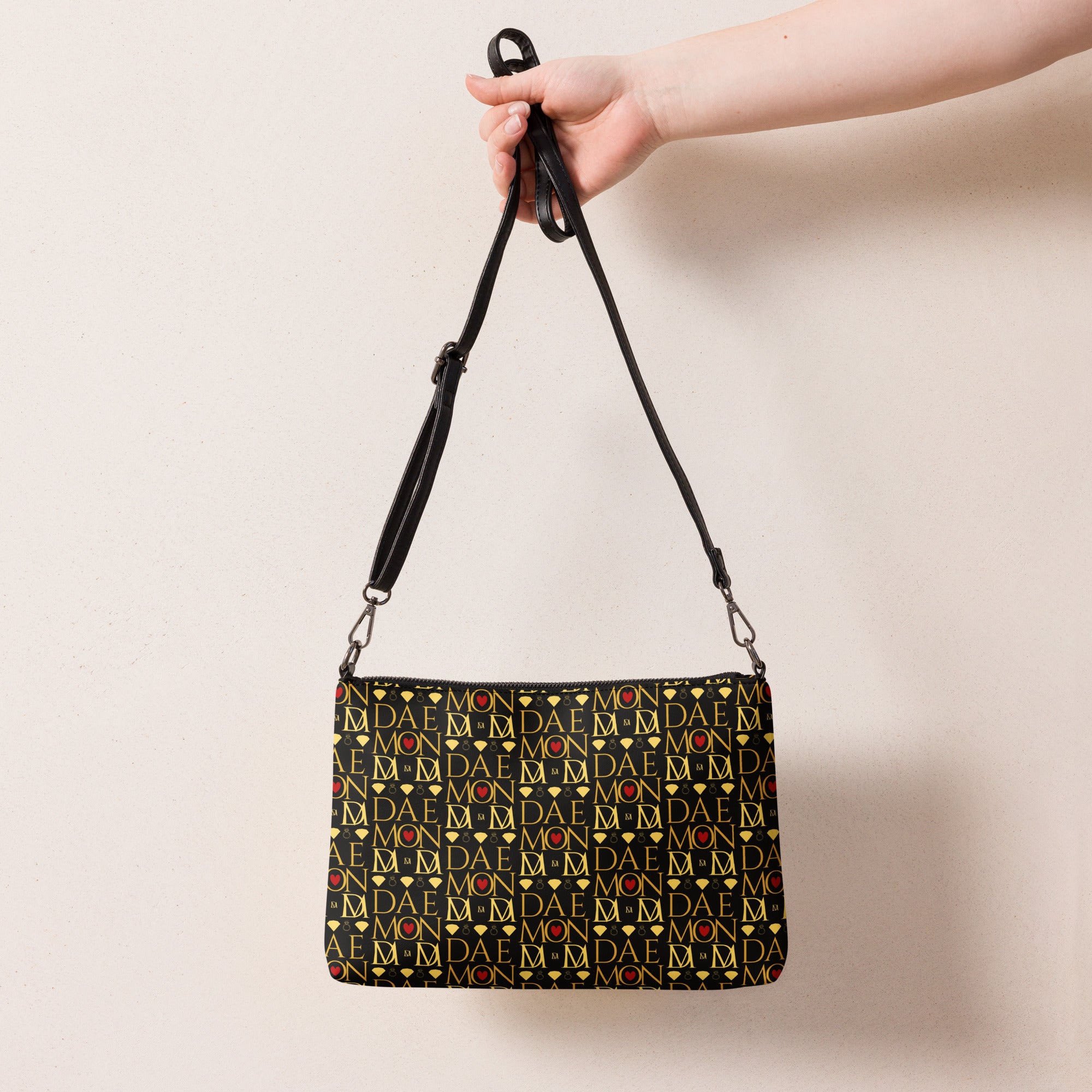 Daemon Luxury Sun Glow California Borsetta crossbody bag with all-over print in black, featuring stylish design and adjustable strap.