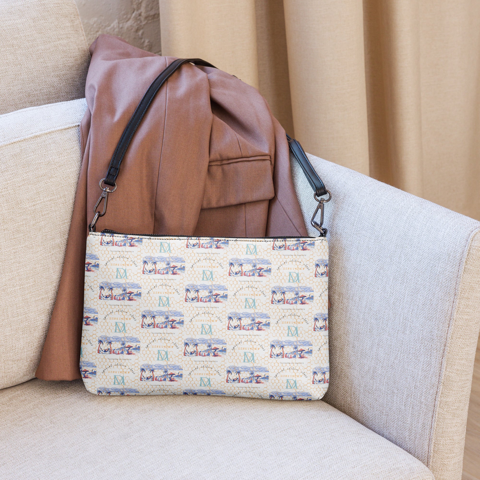Daemon Luxury Honeybee Intel forecast all-over-print black crossbody bag showing the detailed graphic design.