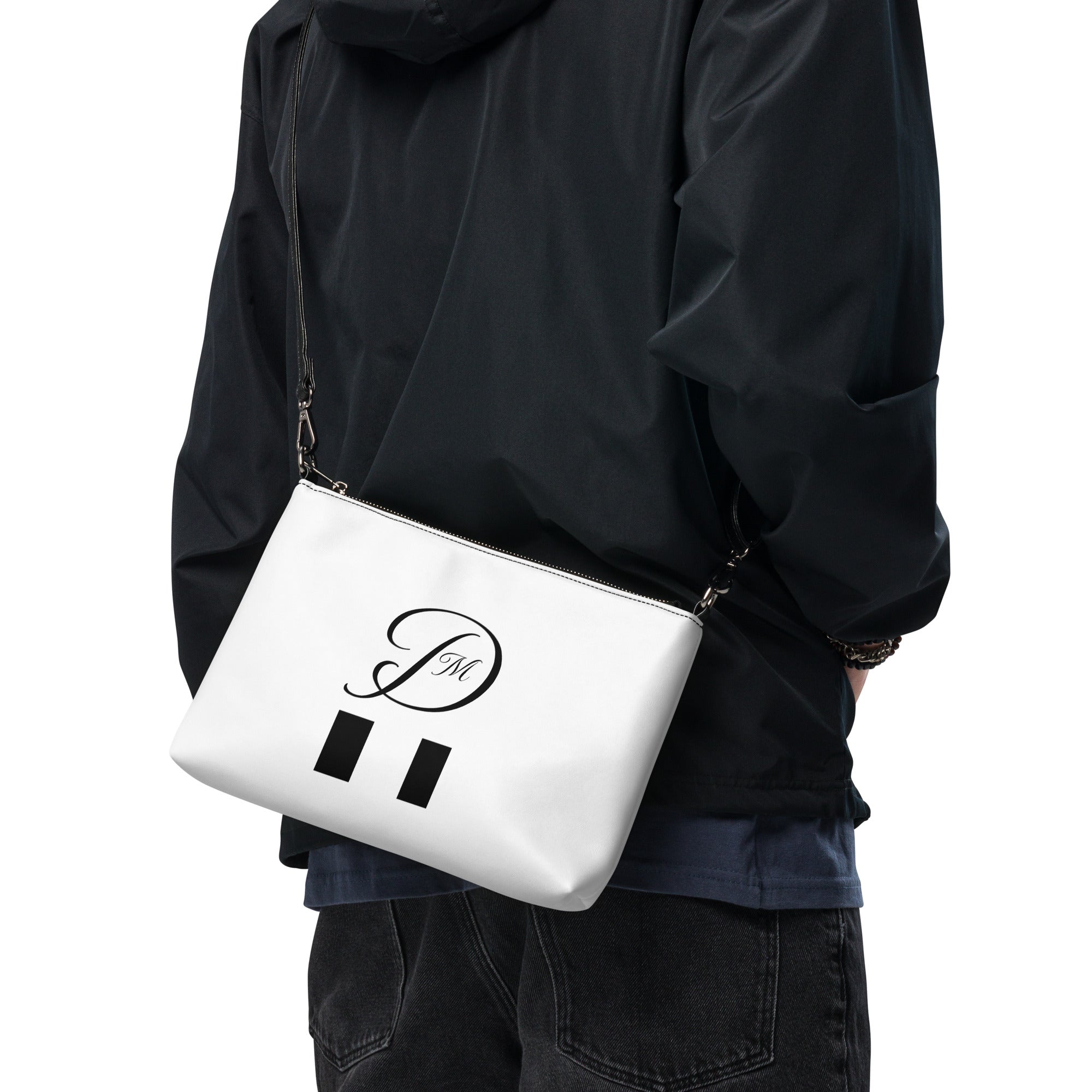 Daemon Luxury Metronome Paris crossbody bag with all-over black print, featuring a sleek front view.
