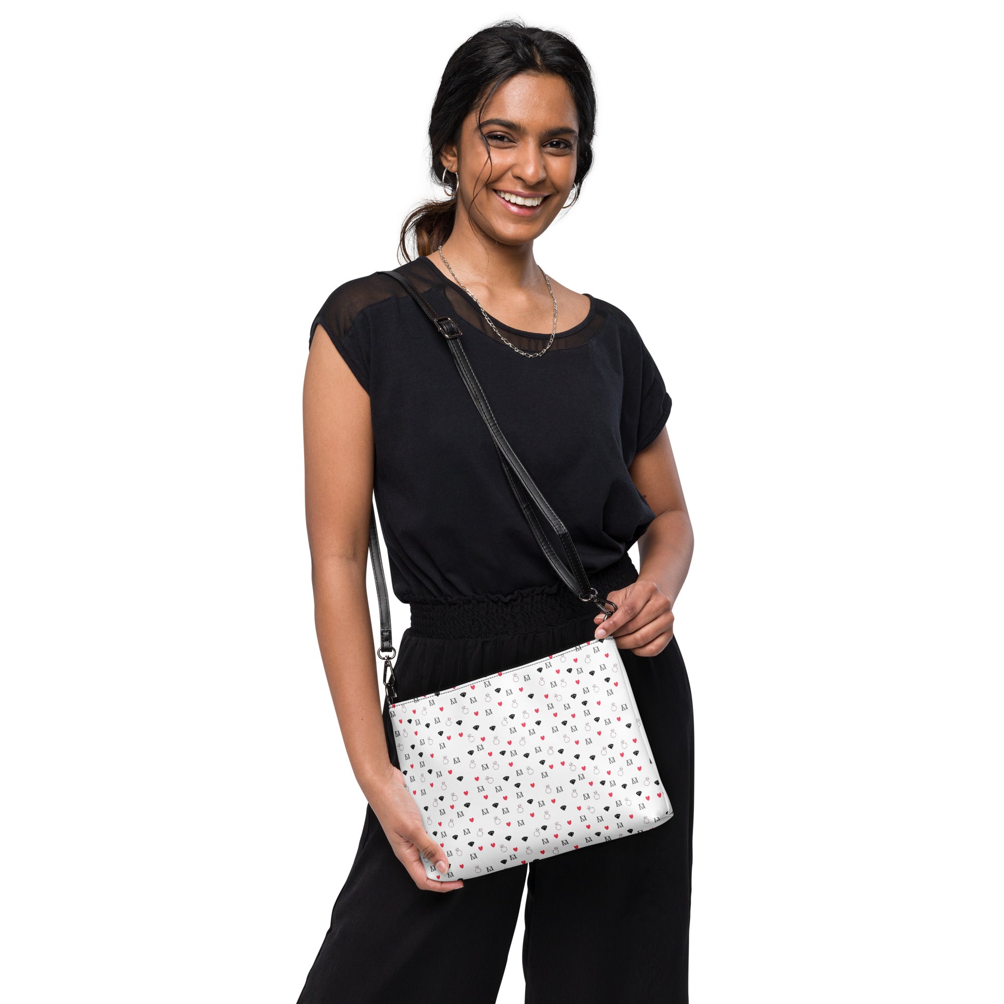 Daemon Luxury Speckled Diamonds Artica Blizzard crossbody bag with all-over black and silver diamond print, front view.