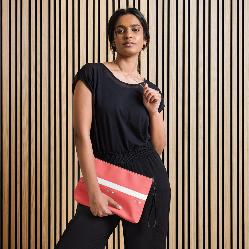 Black Daemon Luxury SACHI BANS crossbody bag with all-over white label print and sleek front design.