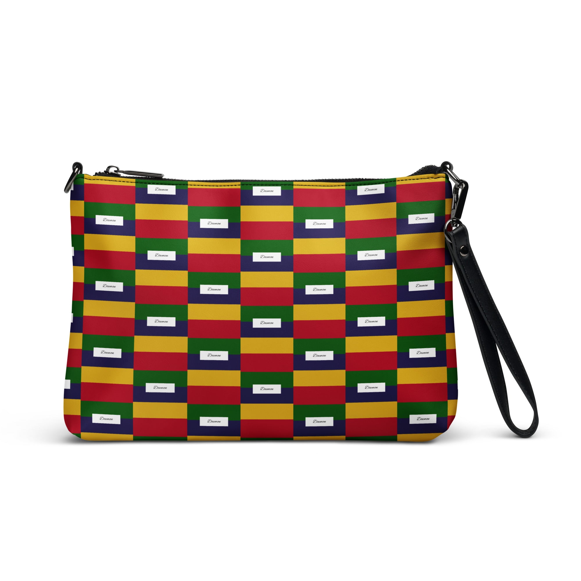 Black crossbody bag with all-over ruby stone print from Daemon Luxury's Laid Ruby Stones collection, front view.