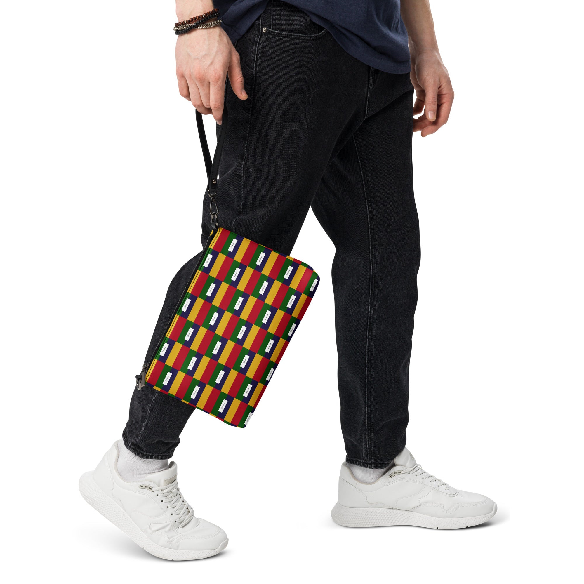Black Laid Ruby Stones crossbody bag by Daemon Luxury with all-over white print and front detail.